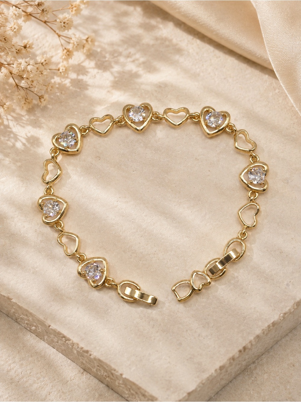 Gold Filled Heart Link Bracelet with Clear CZ